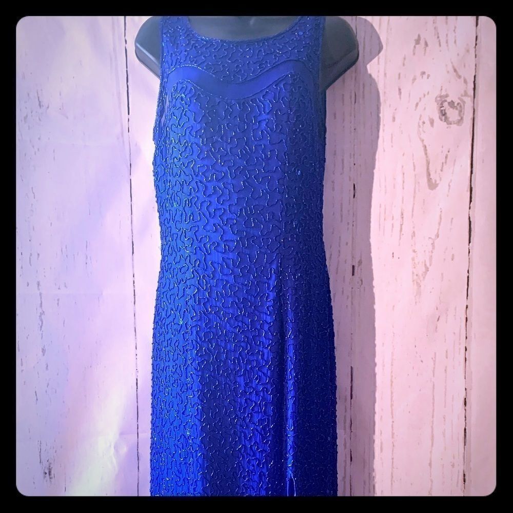 Royal Blue Silk Beaded Dress Sean Collection